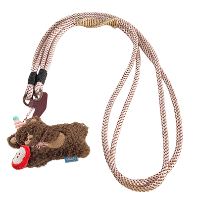 萌趣卡通毛绒快乐苹果棕色小熊公仔手机壳挂坠可背长款斜挎挂绳多功能防丢户外挂链ccd相机便携侧肩手机挂脖