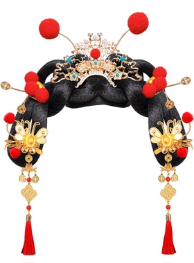 古风女童红色流苏发髻假发套装