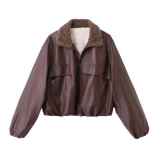 加绒皮衣外套女2025秋冬新款宽松休闲短款拼羊羔毛加厚PU机车夹克