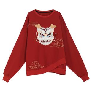 【现货】森女部落原创新年战袍国风套头红色显白薄绒卫衣秋冬内搭