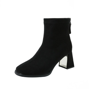 品牌真皮法式方头短靴女2026春节新款黑色高跟鞋子加绒百搭瘦瘦靴