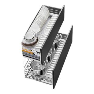 304不锈钢实心抽屉式双层厨房橱柜缓冲阻尼收纳三边碗碟放锅拉篮