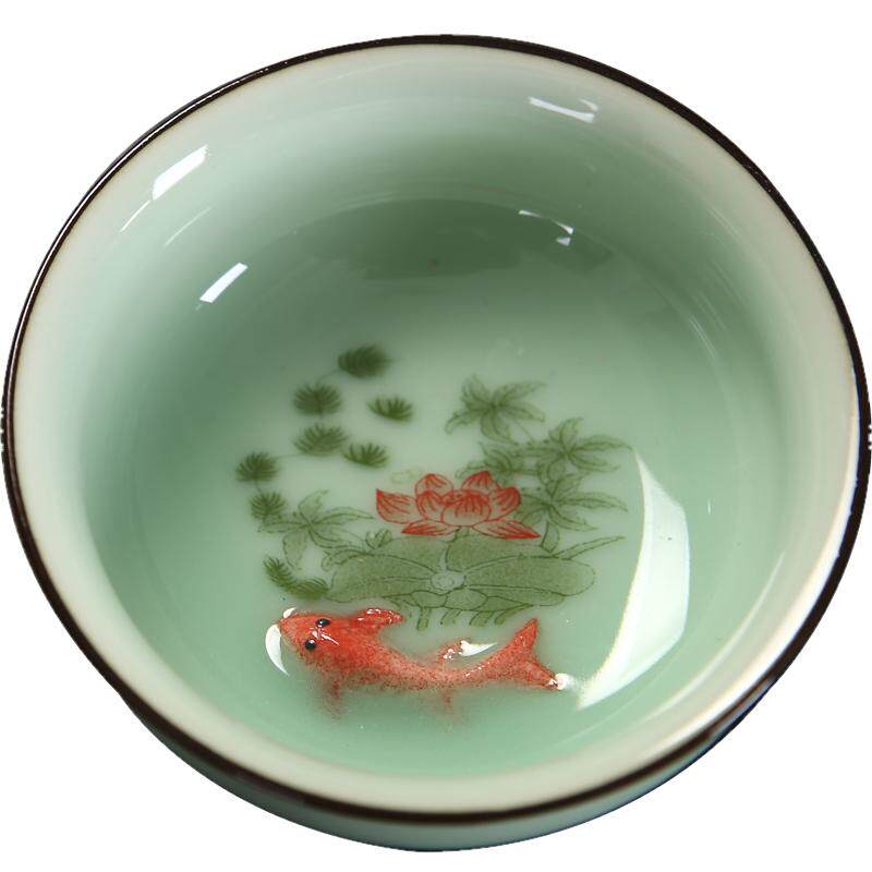 品茗杯简约茶杯青瓷青花瓷鲤鱼立体浮雕主人杯小杯茶碗锦鲤釉下彩