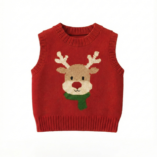 女童马甲毛衣加绒加厚宝宝针织红色小背心秋冬儿童保暖毛线女孩新