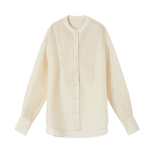 CROWNLESS未冕静奢风微透真丝醋酸珠片蕾丝层次拼接直筒衬衫女