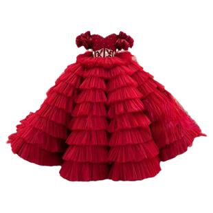 定制款儿童短长拖尾公主裙演出礼服花红色高定春夏女童裙子