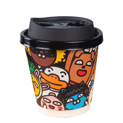 一次性卡通咖啡奶茶纸杯防烫双层冷热饮隔热中空杯包邮定制带盖厚