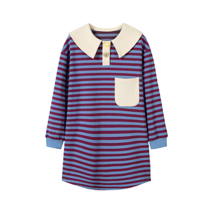 Viciusss女童条纹连衣裙新款儿童女孩春秋款娃娃领裙子长袖卫衣裙