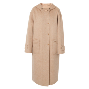 伊芙丽驼绒蚕丝学院风连帽贴袋设计廓形毛呢羊毛外套2025冬装新款