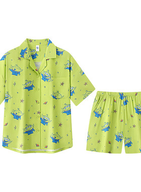 宫蝶【可外穿】玩具总动员三眼仔满印短袖睡衣女纯棉绿色家居服夏