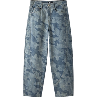 森马牛仔裤男夏季宽松弧形弯刀裤子2026新款满版迷彩印花显瘦长裤