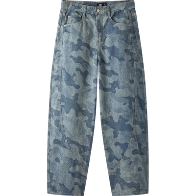 森马宽松弧形阔感弯刀牛仔长裤男