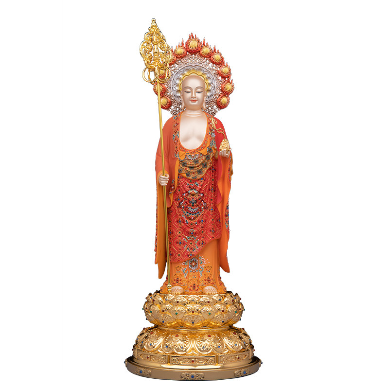 台湾黄铜站地藏王神像精雕彩绘贴金站九华山地藏王菩萨供奉佛像