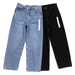 新款宽松直筒牛仔裤男水洗纯棉时尚痞帅试衣间黑色阔腿牛仔长裤潮