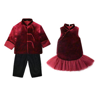 儿童棉服宝宝冬季童装棉袄丝绒加厚新年喜庆国风唐装姐弟装拜年服