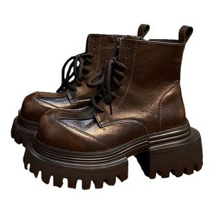 欧洲站真皮系带厚底马丁靴女2025秋新款英伦风粗跟增高机车短靴