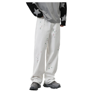 JFU 美式高街白色牛仔裤男款秋冬款宽松直筒泼墨百搭阔腿裤子男