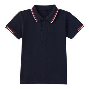 中小学生校服短袖T恤浅蓝色条纹领POLO衫男女童班服学院园服上衣
