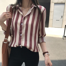 条纹雪纺衬衫 女士宽松长袖 复古港味上衣潮 潮牌衬衣女2019新款 秋季