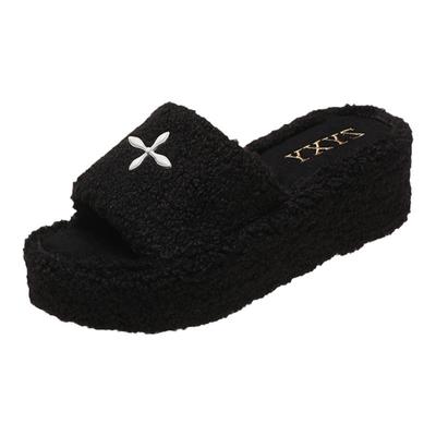 毛绒松糕跟休闲厚底增高居家拖鞋