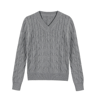 pusumede 米黄色v领麻花长袖针织衫女设计感套头毛衣宽松气质上衣