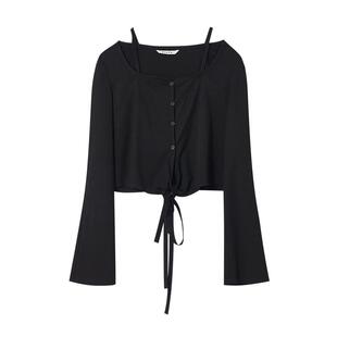 通勤小衫/MSLAN26春 慵懒肌理感薄款套衫 方领绑带黑色显瘦针织衫