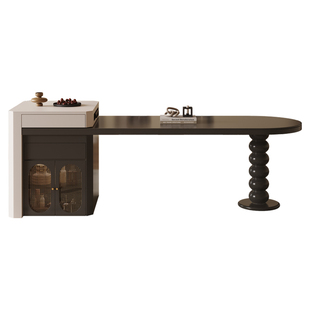 法式复古风岩板岛台餐桌一体家用可伸缩多功能倒台实木饭桌椅组合