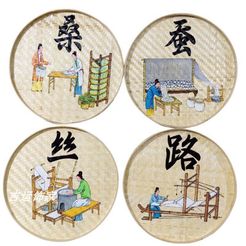 竹编手绘簸箕画养蚕乡村田园农耕