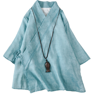 中国风改良汉服棉麻上衣女夏复古文艺防晒开衫外套茶服阔腿裤套装