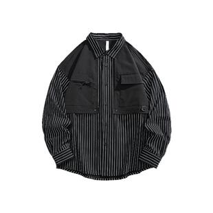 男女同款!纯棉条纹面料!外贸男装春季户外假两件工装风休闲衬衫