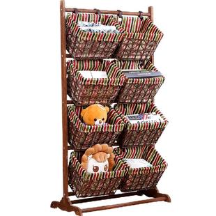 卧室置物架藤编收纳筐编织布艺玩具零食落地多层收纳架实木收纳篮