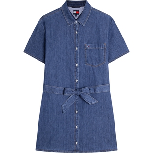 Tommy26春夏新款女装纯棉复古文艺风系带收腰显瘦衬衫牛仔连衣裙