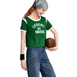 HAVVA休闲松弛感拼色短袖T恤女短款ins潮半袖上衣2025夏T3-13270