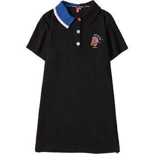 【79/件】衣品天成针织连衣裙夏宽松撞色拼接领口绣花中长款裙子