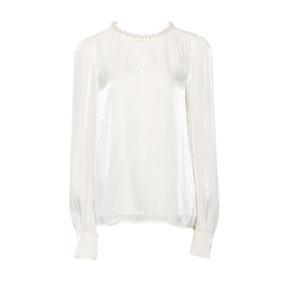 DPLAY秋季新款白色衬衫女气质法式流光纱珍珠感长袖上衣