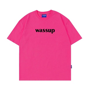 WASSUP国潮玫红色字母短袖T恤女夏季2026新款重磅纯棉半袖上衣服