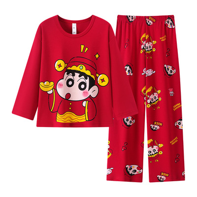 女款秋季长袖纯棉红色小新家居服