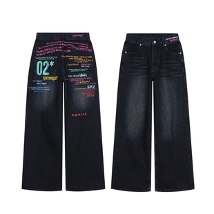 美式复古彩色字母印花阔腿牛仔裤男女春秋季新款宽松显瘦直筒长裤