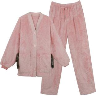 朵朵可可秋冬季加厚保暖珊瑚绒长袖开衫睡衣女家居服套装