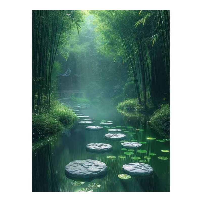 中式禅意竹林小溪自粘防水装饰画