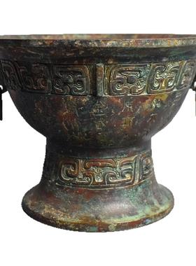 仿古青铜器双环簋盆摆件食器纯铜工艺品家居装饰品博古架收藏古玩