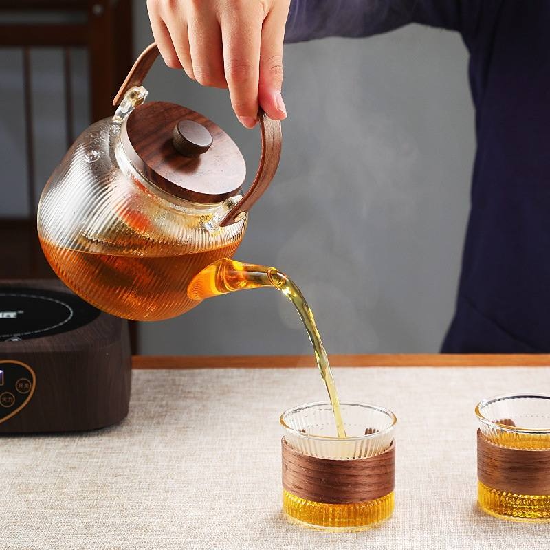 竖纹提梁壶木把硼围炉煮茶大容量水壶高加厚耐高温壶硅烧玻璃