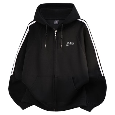 美式复古三条纹连帽开衫卫衣外套