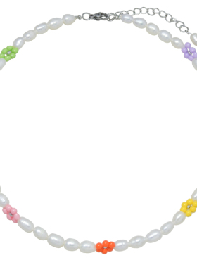 AWE彩色小花珍珠串珠项链choker