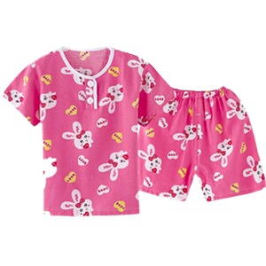 夏天儿童绵绸睡衣男童女童棉绸薄短袖小孩宝宝薄款人造棉套装夏季