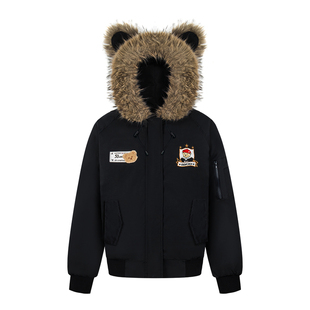 SREK秋冬美式复古毛领连帽棉服女冬季宽松卡通刺绣保暖棉衣外套