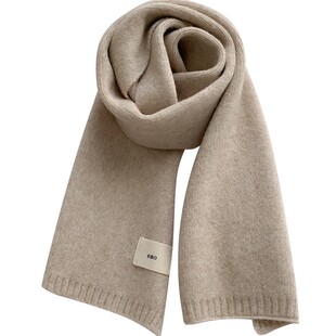 纯色布标米白色针织围巾女秋冬季韩版百搭加厚保暖毛线围脖ins潮