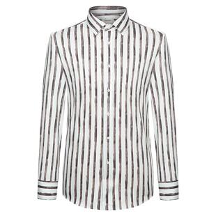 WANTSUIT咖色条纹正装衬衫男士上衣绅士秋冬人夫感穿搭轻奢老钱