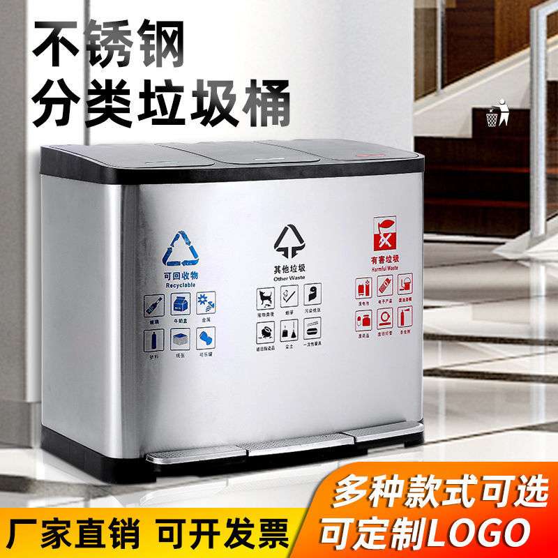 新品不锈钢分类脚踏垃圾桶大号商用售楼部办公楼电梯厅立式果皮箱