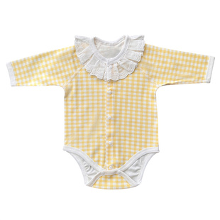 新生婴儿纯棉a类衣服可爱三角爬服春秋装满月女宝宝格子连体哈衣